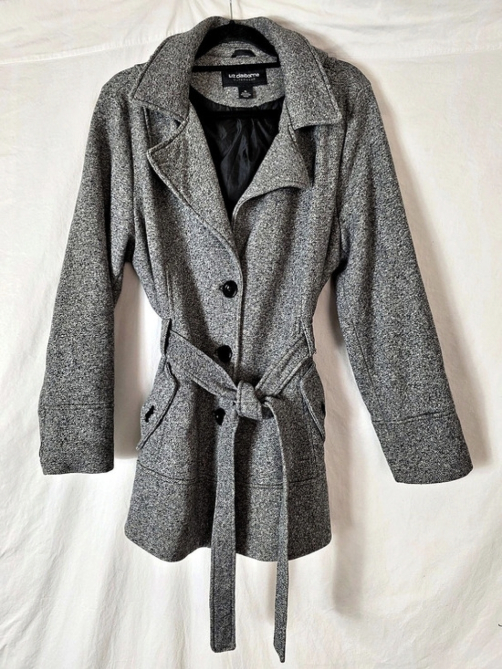 Liz Claiborne Belted Trench Coat Gray Black Specks Hooded Pockets XL